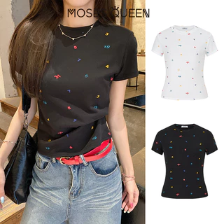 MOSESQUEEN มอสส์ ราชินี เสื้อยืดแขนสั้นพิมพ์ลายดิจิตอลแบบยาวเต็มตัวที่เหมาะกับหุ่นเรียบด้านบนพื้นฐานและอเนกประสงค์ที่สามารถสวมใส่ได้หลากหลาย #63687
