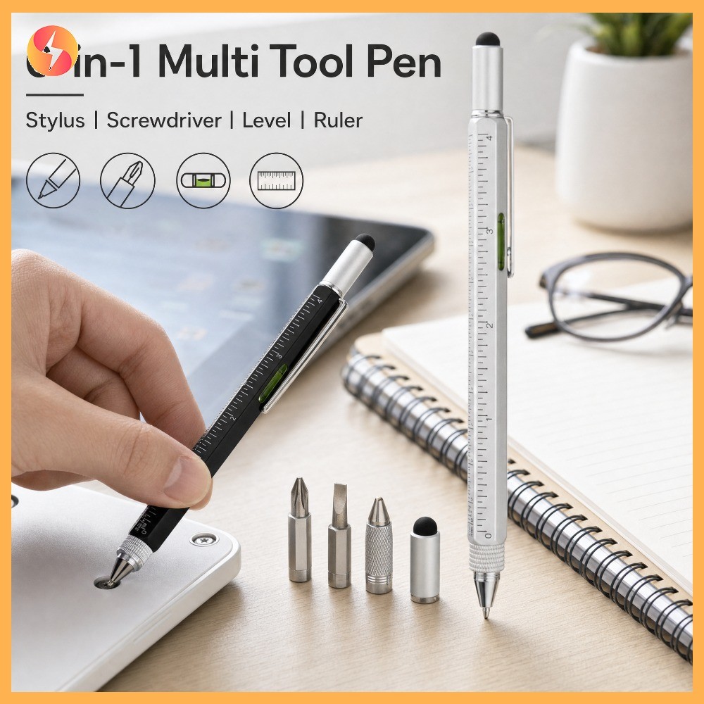 6 in 1 Multi เครื่องมือปากกา Stylus ไขควงไม้บรรทัดระดับหมึกปากกาลูกลื่น Office School Gadget แบบพกพาทนทาน