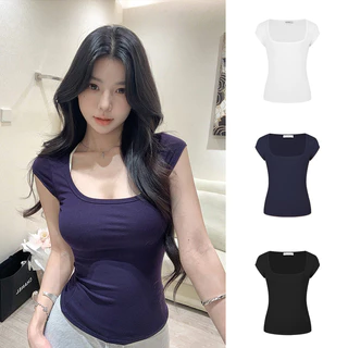 <Moss Queen> เสื้อยืดแขนสั้นคอยูสีขาว ทรงตรง เข้ารูปพอดีตัวสำหรับฤดูร้อน