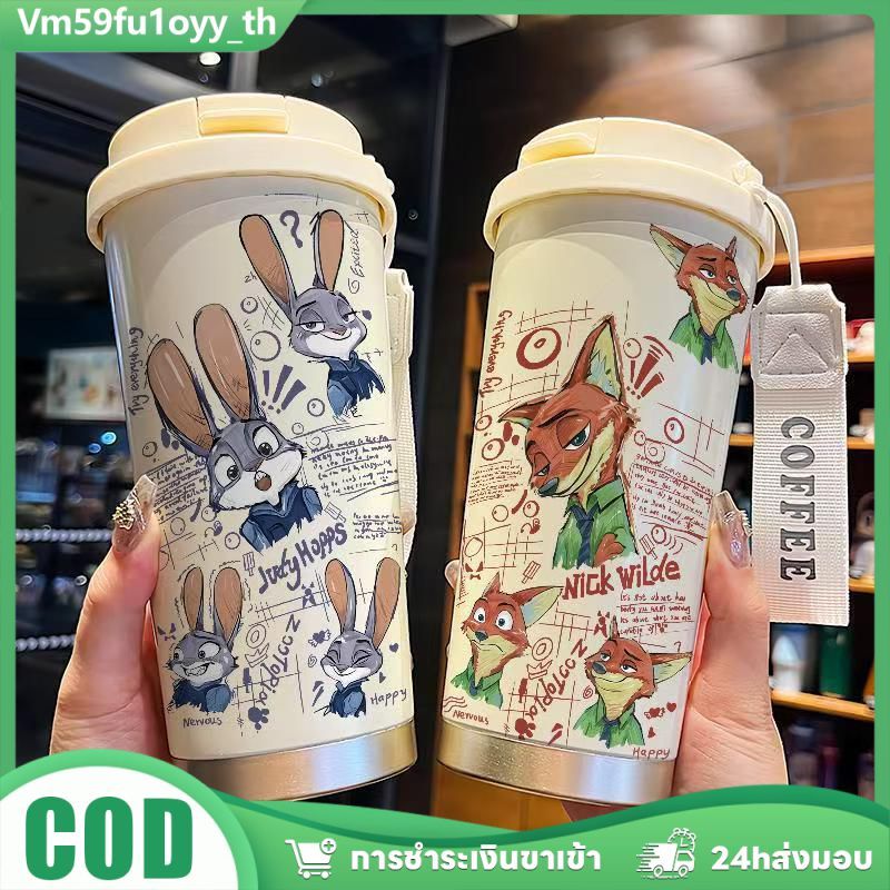 🦊แก้วน้ำซูทอเปียลายนิค&amp;จูดี้เก็บความเย็น 500ml สแตนเลส316L พร้อมฝา2แบบ เหมาะสำหรับคู่รัก กันรั่ว พกพาสะดวกส่งไว