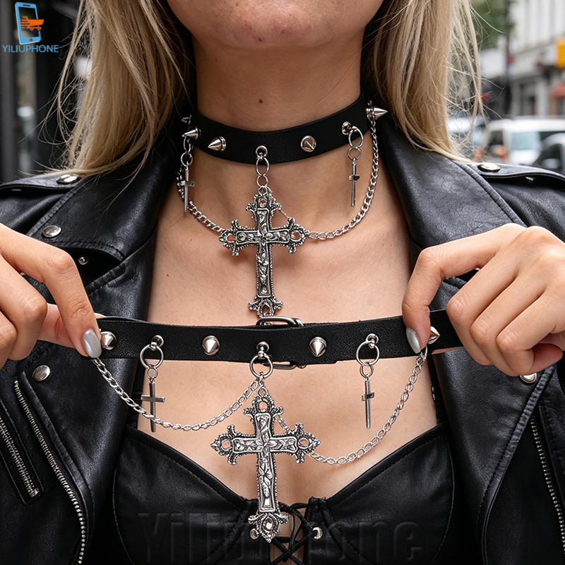 [Bless] 3-1 ชิ้น Punk สไตล์ Cross จี้ Rivet Choker - เครื่องประดับวัฒนธรรมย่อย - เครื่องประดับแฟชั่น