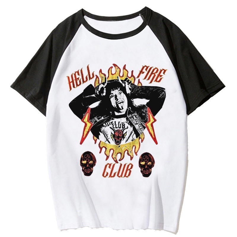 เสื้อยืดผู้ชาย สไตล์ Harajuku Hells Fire Club Eddie Munson สีขาวยามินิมอล