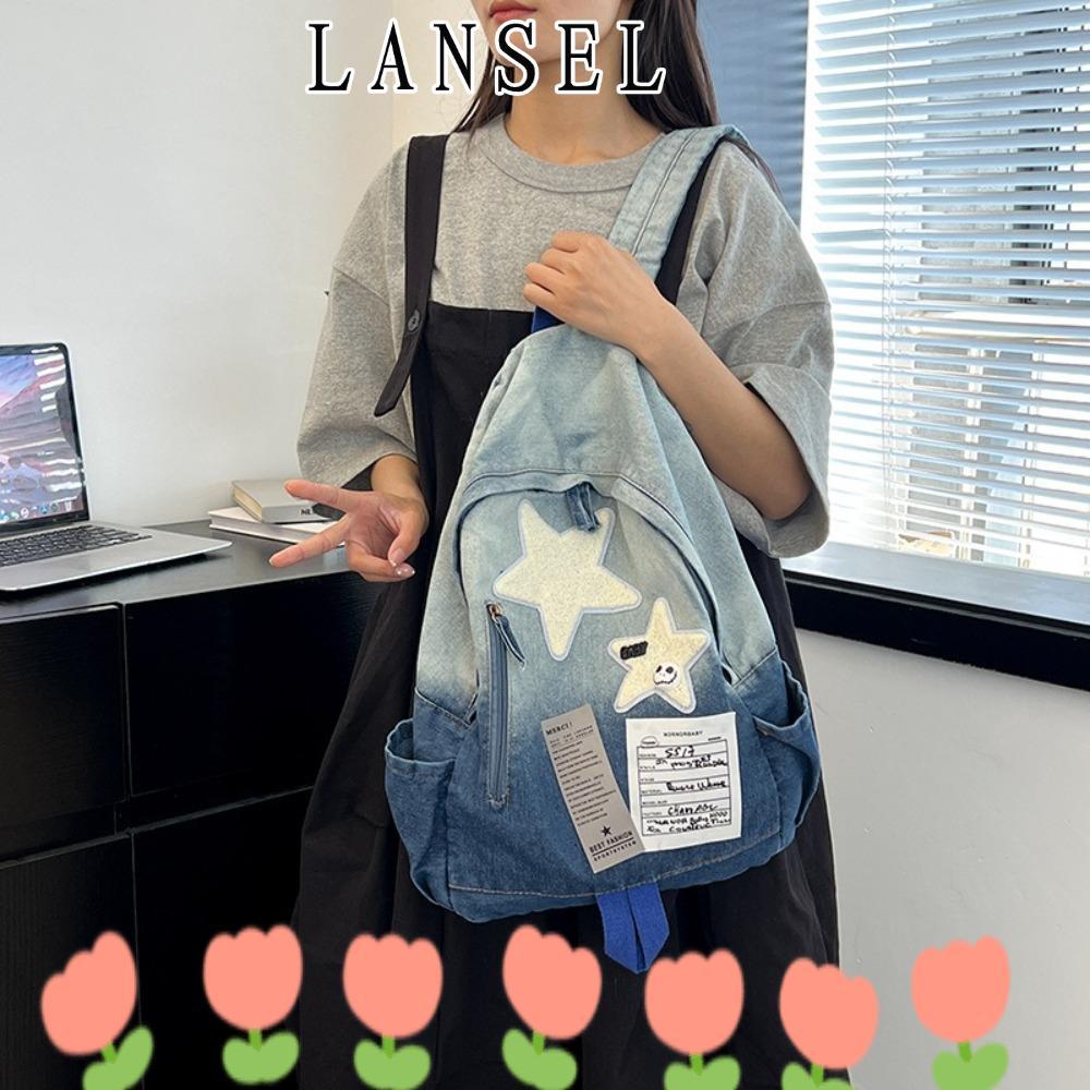LANSEL1 กระเป๋าเป้สะพายหลังโรงเรียน, Y2K All Match Denim Star Backpack, Fashion Star Pattern Large C