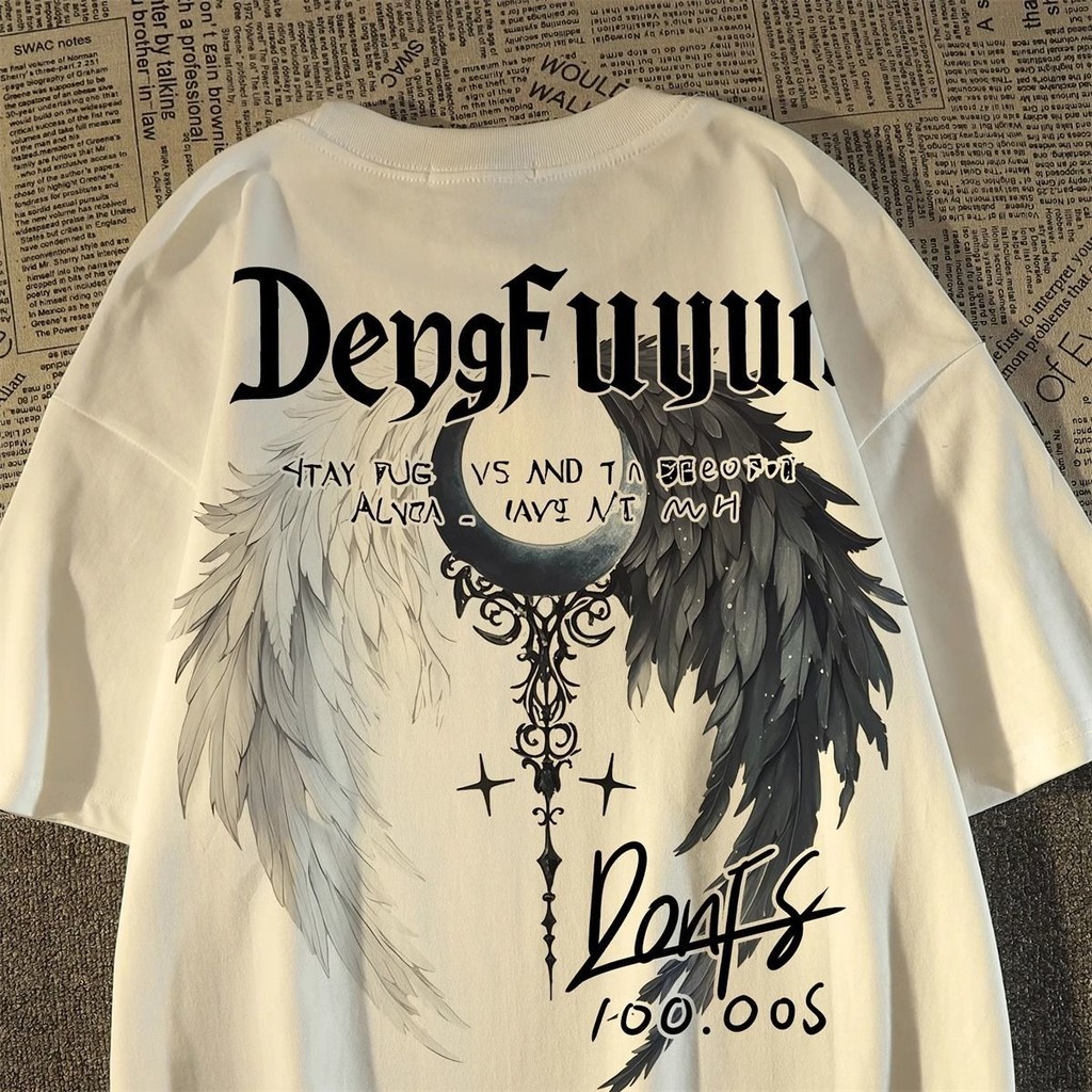 美式复古高街翅膀印花短袖t恤男女oversize国潮夏季街头宽松上衣American retro high street wing printed short sleeved t-shirt for 