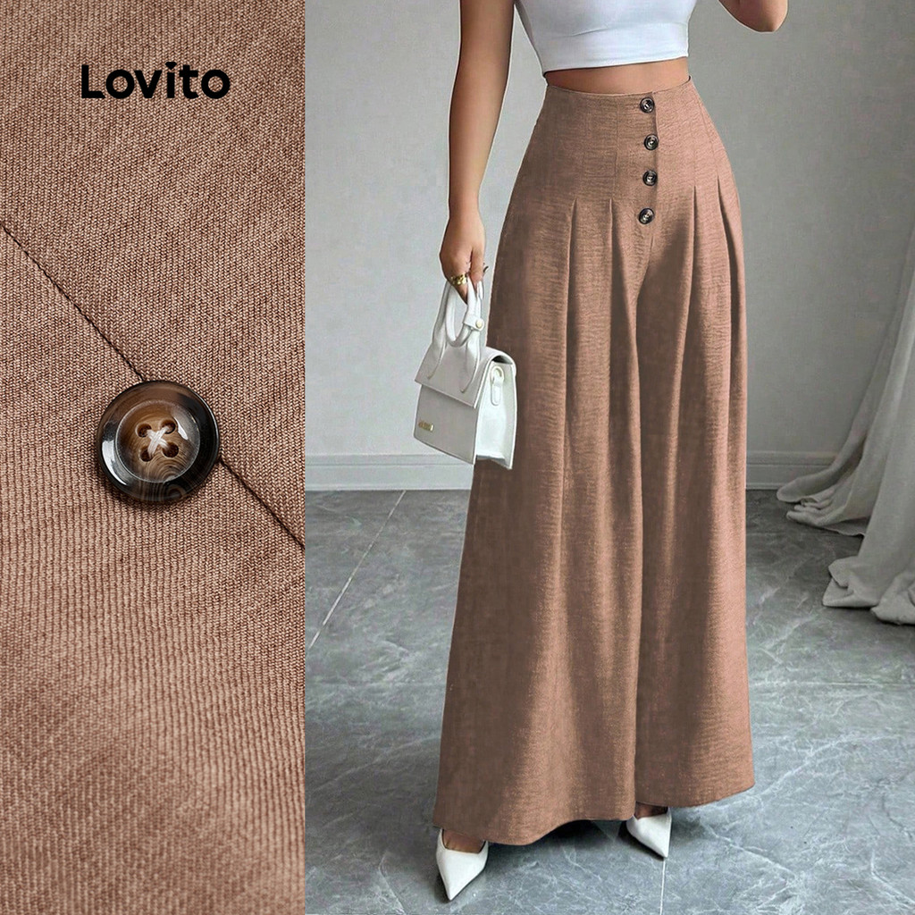 Lovito กางเกงCasualแบบมีปุ่มและจีบสำหรับผู้หญิง สปริง/ซัมเมอร์ สีกากี LBL30143