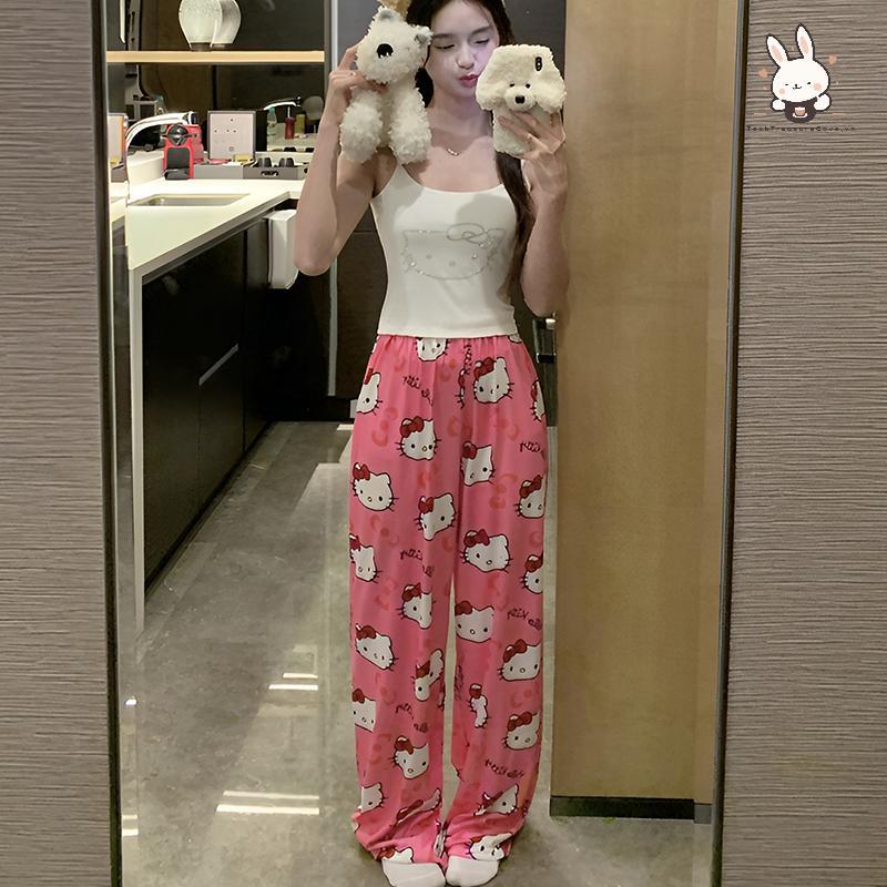 [Teh] ชุดนอนชุดผู้หญิงฤดูร้อนการ์ตูน Camisole และกางเกงขากว้าง Sweet Home 2 ชิ้นชุดหน้าอก Pad [VN]