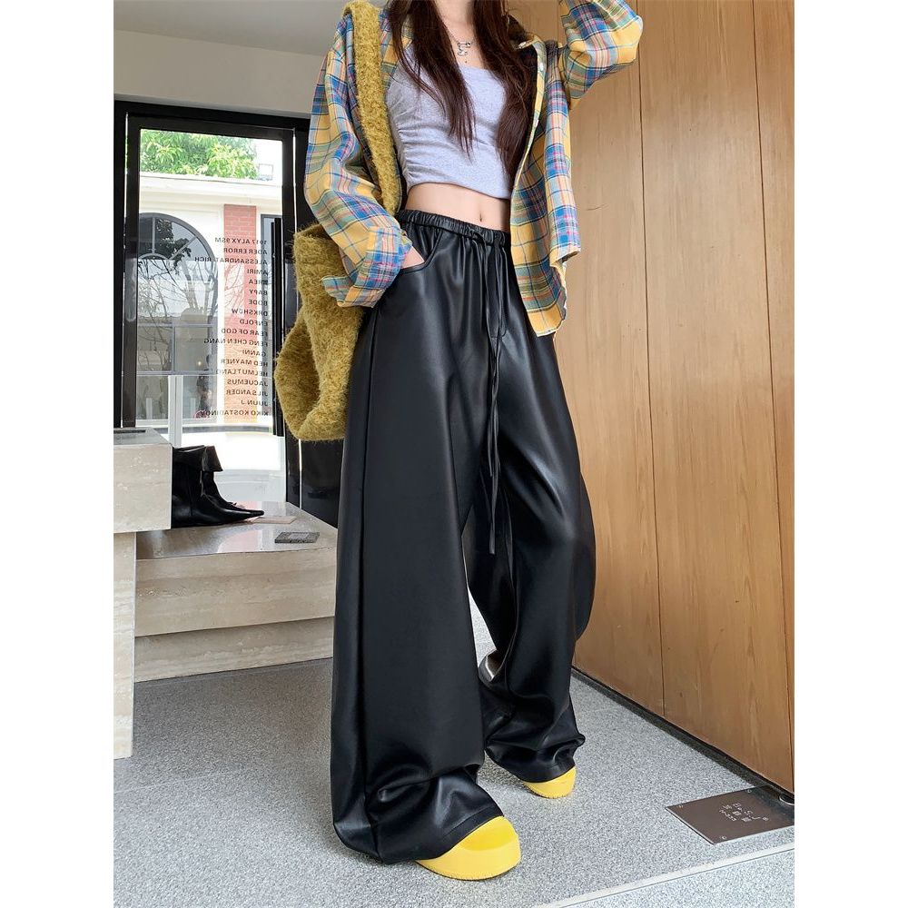 imoveAmerican Womens Black Loose PU Leather Pants Casual Pants HighWaist Straight Pants Wide Leg Mop