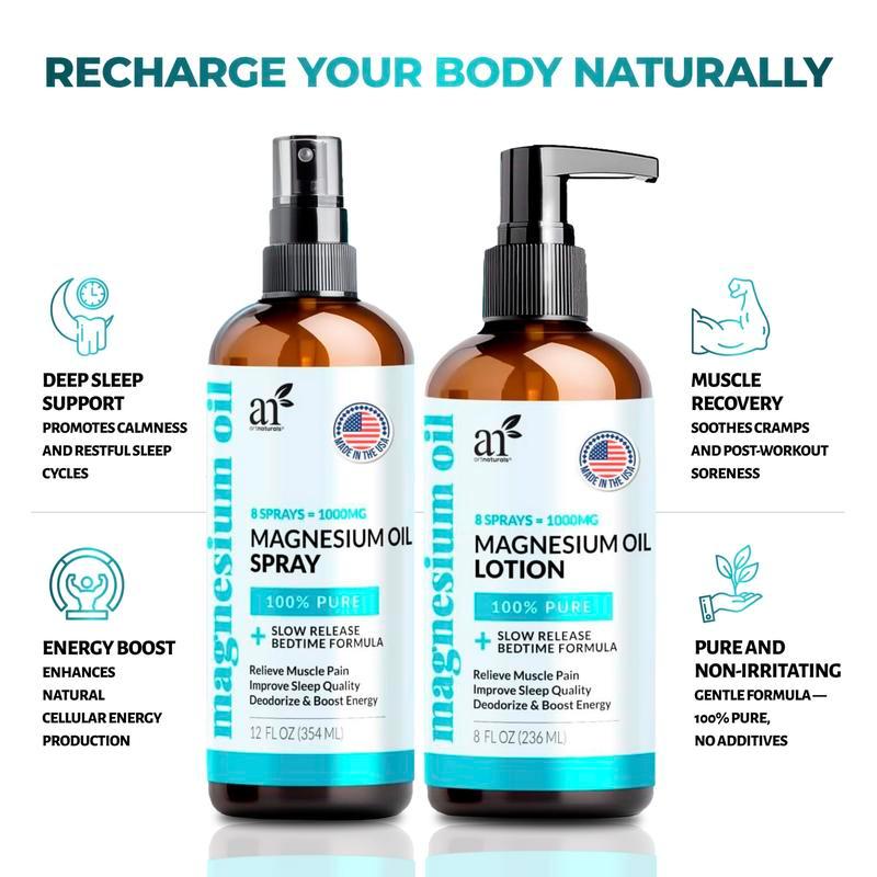 ArtNaturals Magnesium Oil Spray 12 oz + Body Massage Lotion Set 8oz for Feet & - Extra Strength Crea