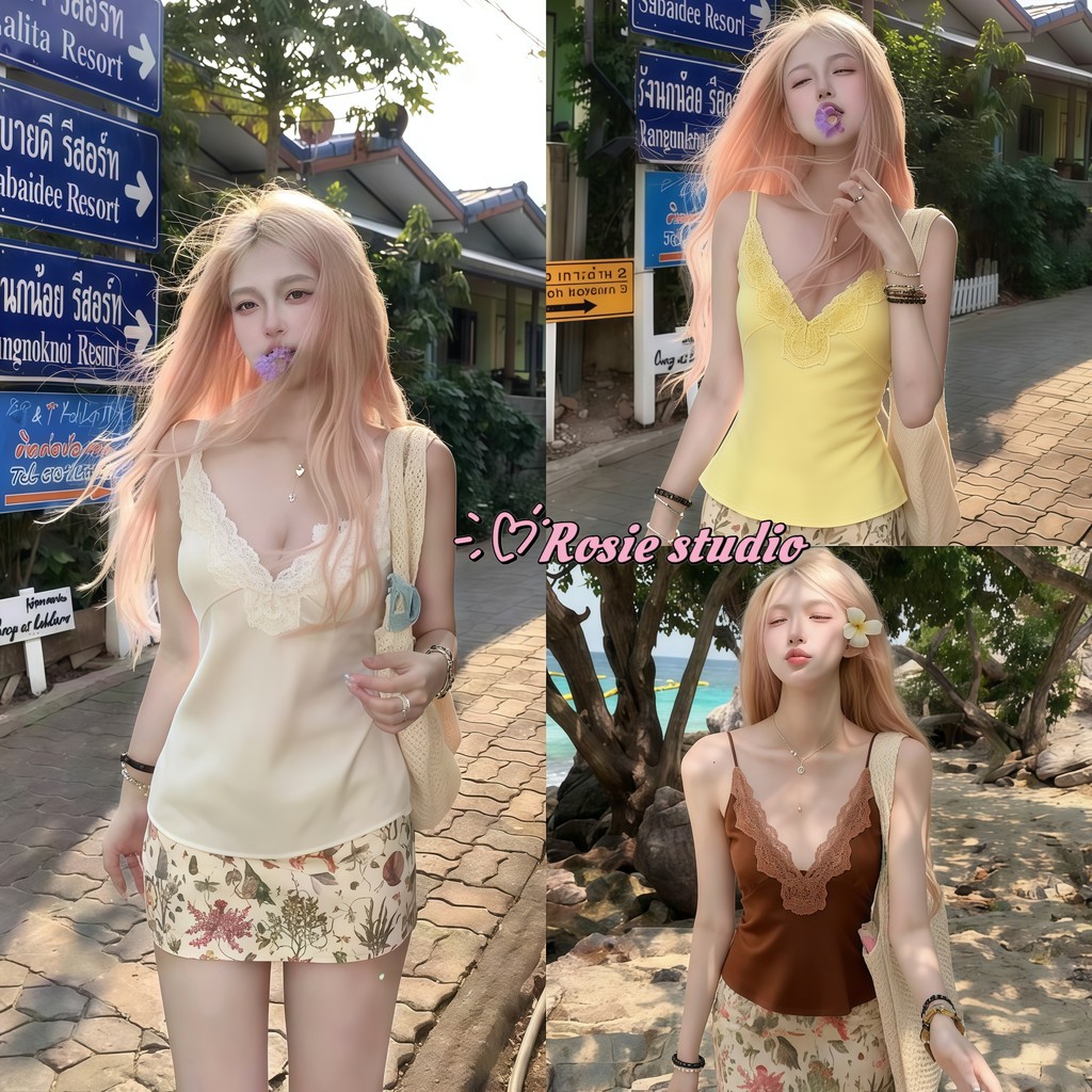 Rosie🧀พร้อมส่ง🌺เสื้อสายเดียวลูกไม้ซาติน เสื้อกล้ามคอวีหลึก สีพื้น แฟชั่นเซ็กซี่ผู้หญิClassy Topทรงสวยงานดีชุดไปเที่ยว