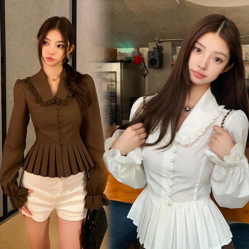 เสื้อเรโทรคอปกปีเตอร์แพน แขนพอง สไตล์เกาหลี W688 รีวิวแฟชั่นผู้หญิง