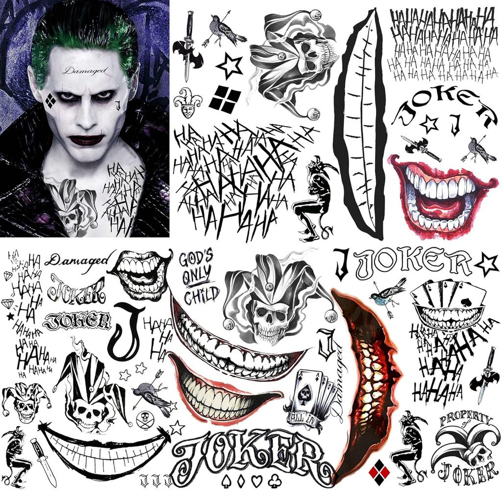 5 แผ่น 3D Joker Tattoos มือฮาโลวีนแต่งหน้าชุด,โทษ Ghost Clown เสียหาย Joker Face Tattoo สําหรับผู้ชา