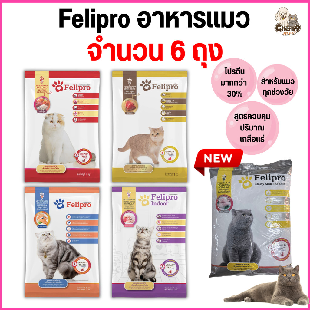 [[ 6 ถุง = 6  kg ]] เฟลิโปร Felipro  อาหารแมว  สูตรควบคุมปริมาณเกลือแร่  เกรดพรีเมียม ถุงจากโรงงาน ขนาด 1 กิโล