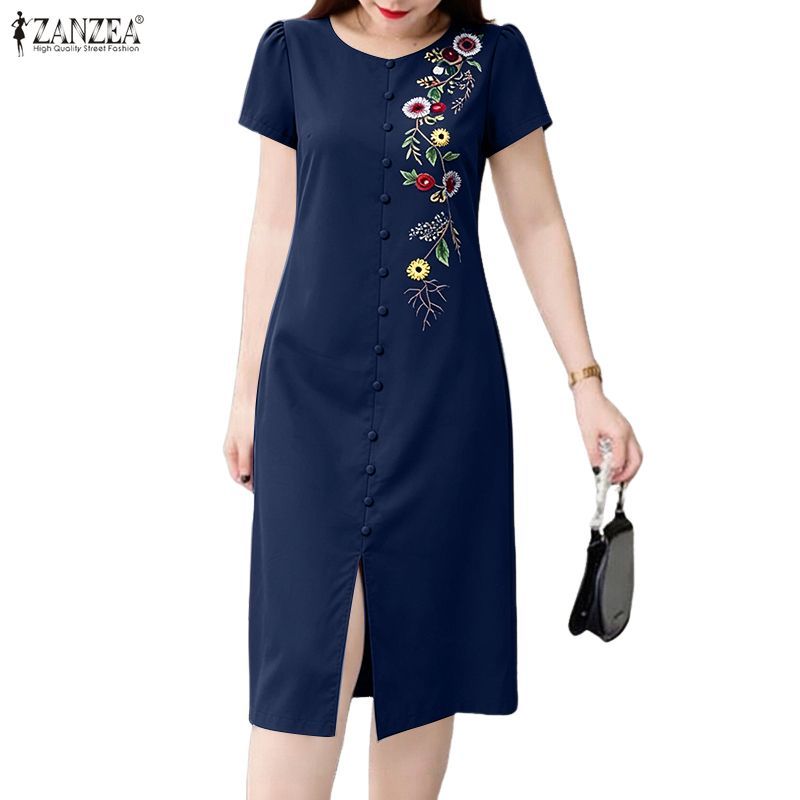 ZANZEA ใส่ ซานเซีย ผู้หญิงเกาหลีวินเทจหรูหราลูกเรือคอแขนสั้นดอกไม้พิมพ์ปุ่มตกแต่งชุดกรีด — صورة 6