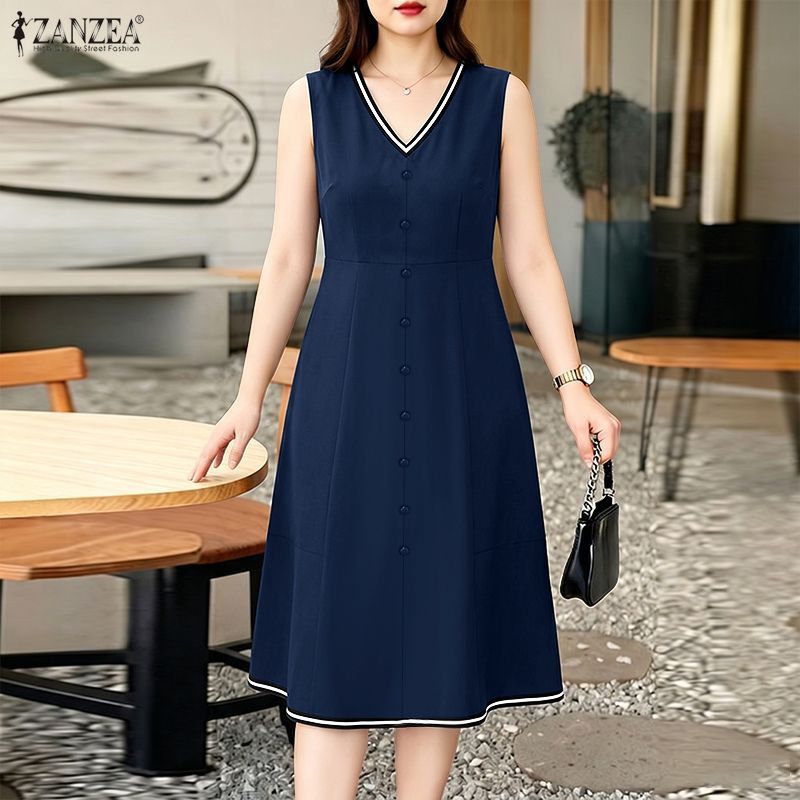 ZANZEA ผู้หญิงเกาหลี Elegant Lady V คอ Single-Breasted Contrast Edge Midi A-Line เดรสสายเดี่ยว — صورة 5