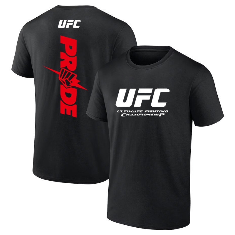 UFC x PRIDE FC เสื้อยืดแขนสั้นพิมพ์ลายสองด้านผู้ชาย MMA ลูกเรือคอ 100% ผ้าฝ้ายพรีเมี่ยม 5.15