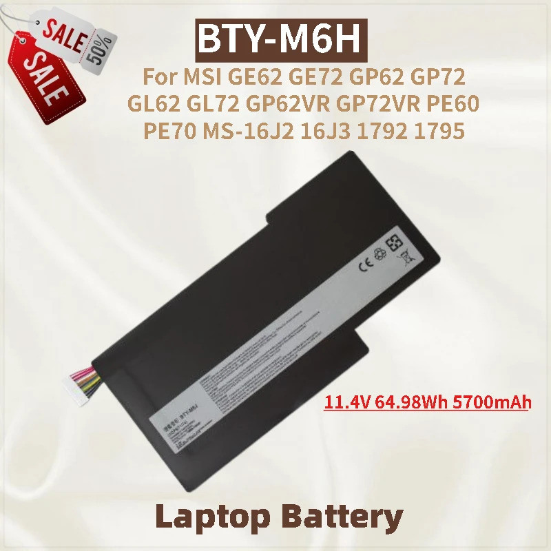 แล็ปท็อป Battery11.4V 64.98Wh 5700mAh BTY-M6H สําหรับ MSI GP72 GL62 GE72 GP62 GL72 GP72VR GP62VR PE6
