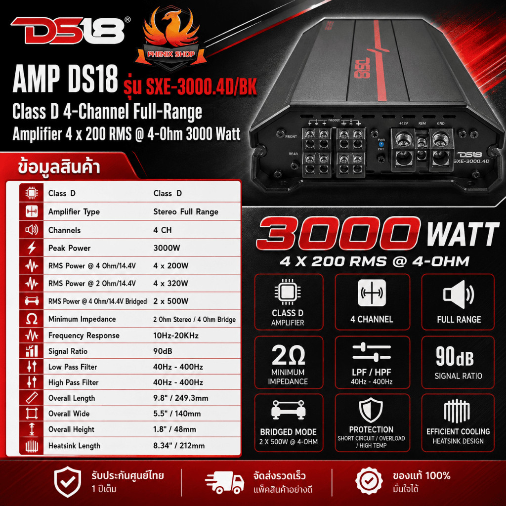 🔥ของแท้🔥POWER AMP DS18 รุ่น SXE-3000.4D/BK  Class D 4-Channel Full-Range  Amplifier 4 x 200 RMS