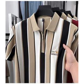 เสื้อโปโลผู้ชายแขนสั้น มีซิป ลายทาง ทรงพอดี ดูดีมีระดับ ใส่สบาย ระบายอากาศ