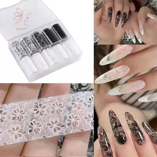 [maybeauty] 10 ม้วนลูกไม้ดอกไม้เล็บโอนฟอยล์สีขาวสีแดงเล็บ Stiers สําหรับเจลโปแลนด์ DIY Salon ชุดตกแต่งเล็บ {TH}