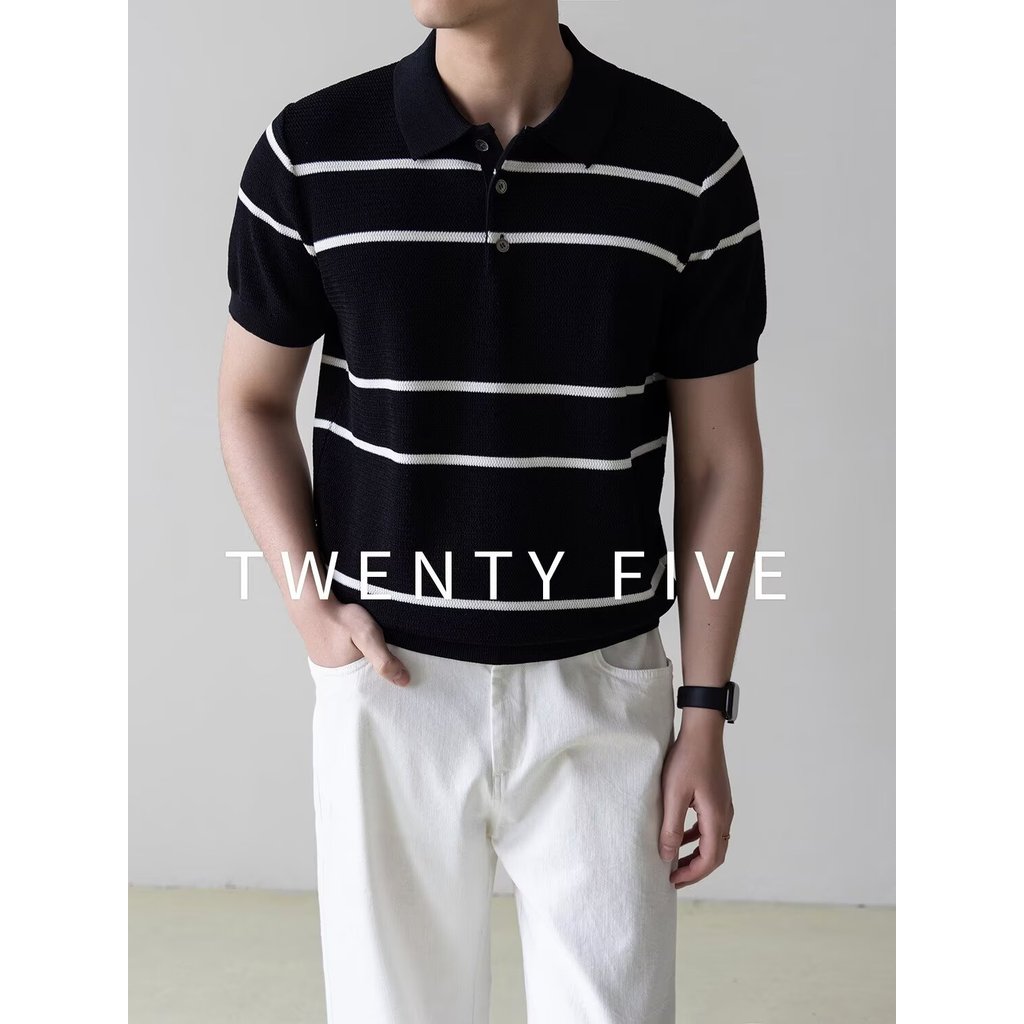 T Zone Ayazhi Summer Chest logo Stripe Basic Top Short Sleeve polo Shirt Men