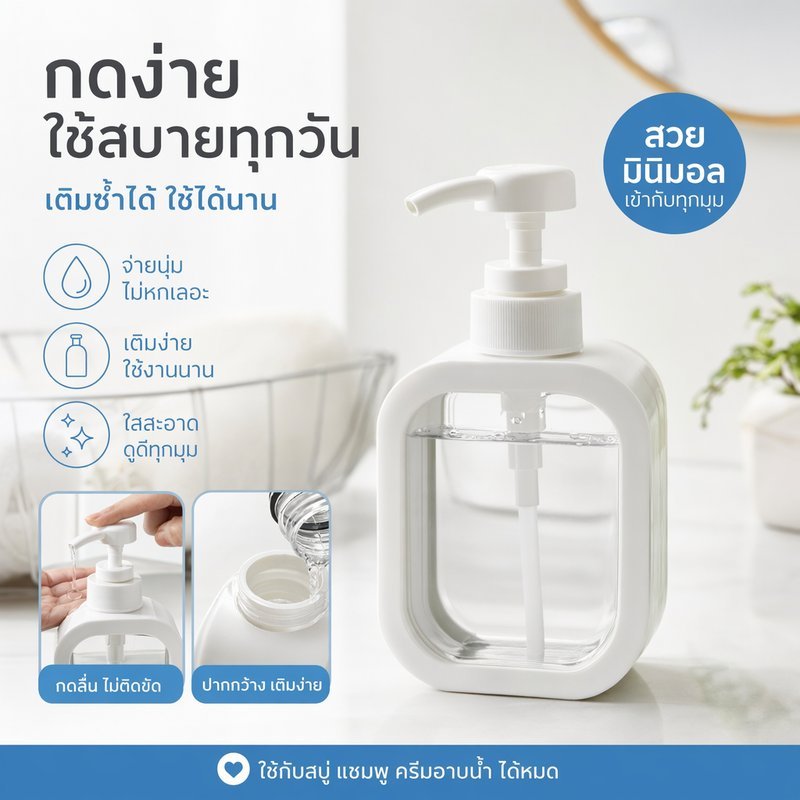 ขวดปั๊มสบู่เหลว ขวดโลชั่นพลาสติกใส ขวดกดอาบน้ำ ขวดแชมพู ขวดเจลล้างมือ ถอดหัวได้