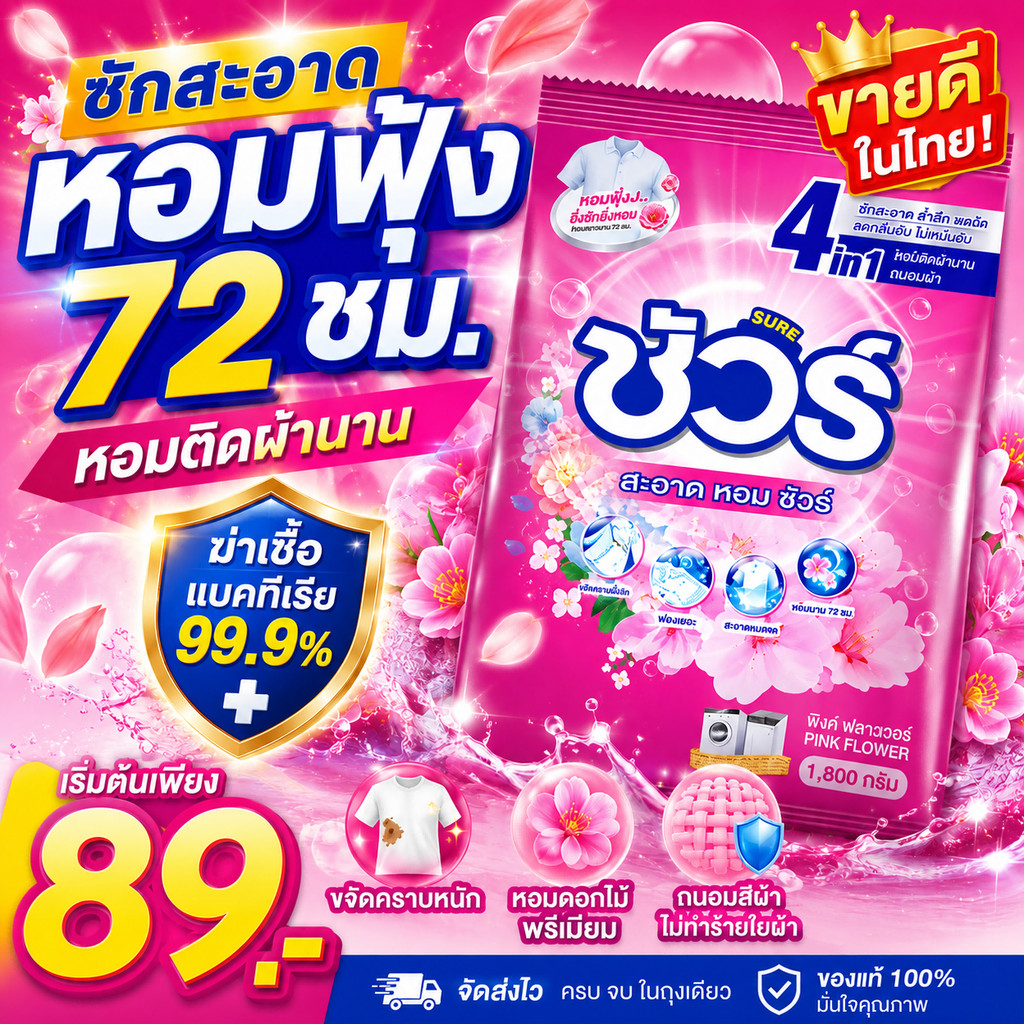 SURE 4in1 ผงซักฟอกสูตรเข้มข้น ชัวร์ 1800g กลิ่นหอมดอกไม้ ซักสะอาด ฆ่าเชื้อ 99.9% หอมติดผ้า 72 ชม.