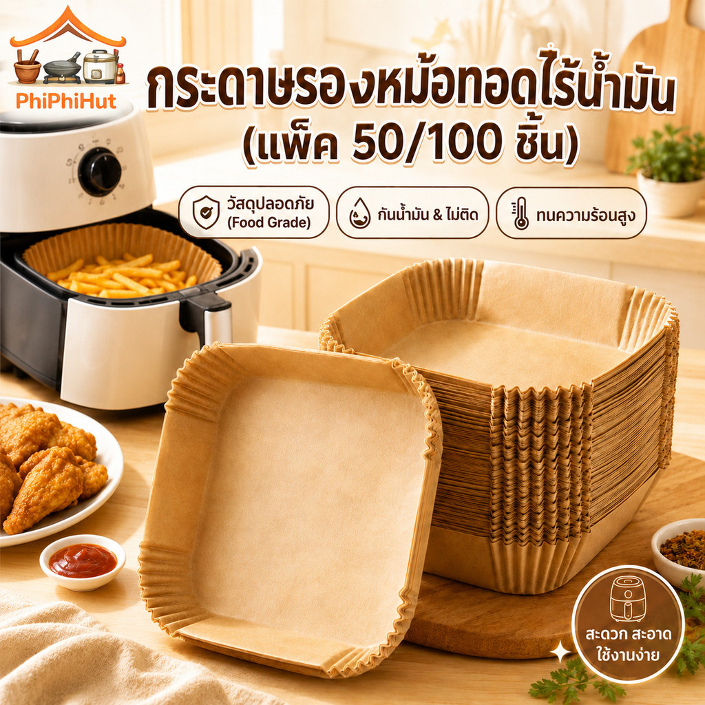 PPH กระดาษรองหม้อทอดไร้น้ำมัน แบบใช้แล้วทิ้ง (แพ็ค 50/100ชิ้น) กระดาษซับน้ำมัน