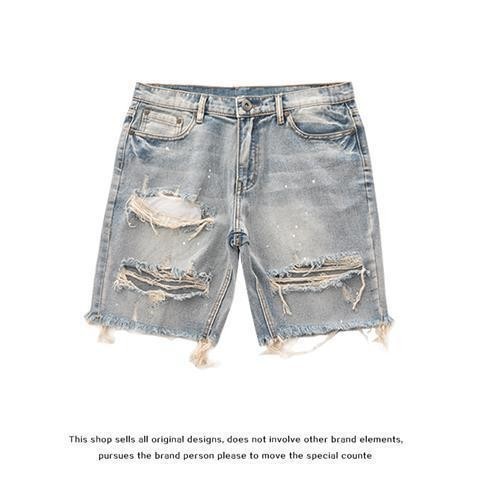กางเกงขาสั้นผ้ายีนส์ Street Wear Retro Ripped Shorts Men Distressed Raw Edge Beggar Denim Five Denim