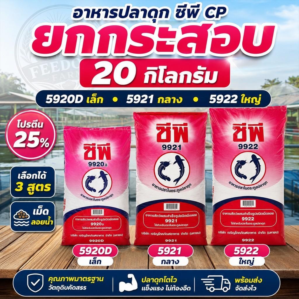 อาหารปลาดุก CP ซีพี โปรตีน 25%  9920D เล็ก 9921 กลาง 9922 ใหญ่ เม็ดลอยน้ำ กินง่าย  โตไว ยกกระสอบ 20 กิโลกรัม
