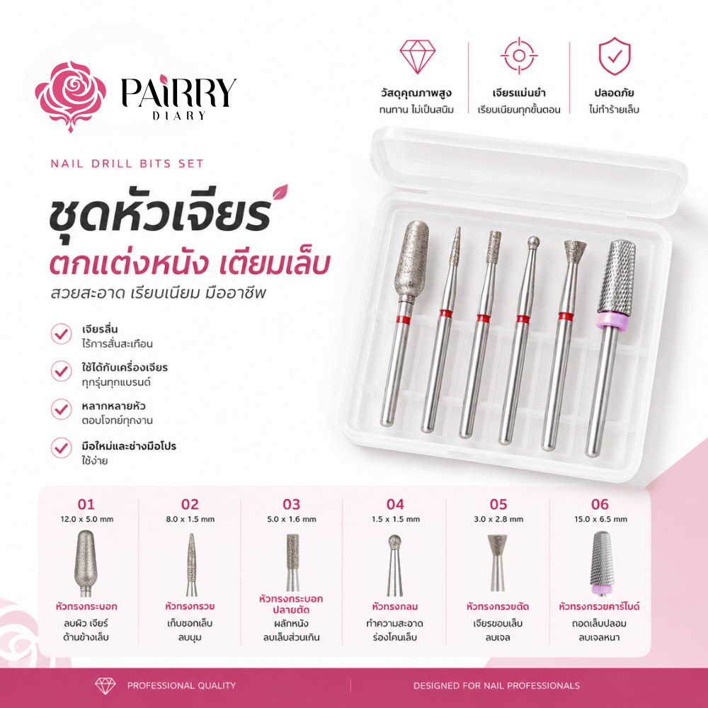 เซตหัวเจียรเล็บ 6ชิ้น เจียรเก็บหนัง เก็บโคน pvc เล็บปลอม ถอดเจล ถอดเล็บ -wenails