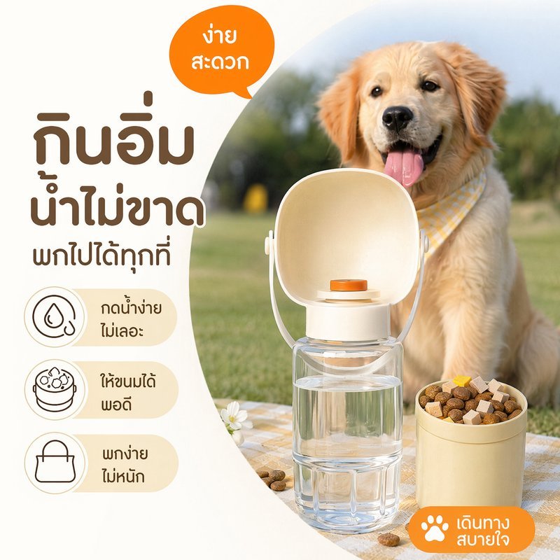 ขวดน้ำสัตว์เลี้ยง พกพา ให้น้ำสุนัขแมว กันรั่ว ล็อคนิรภัย รีไซเคิลน้ำ ถอดล้างง่าย ออกนอกบ้าน