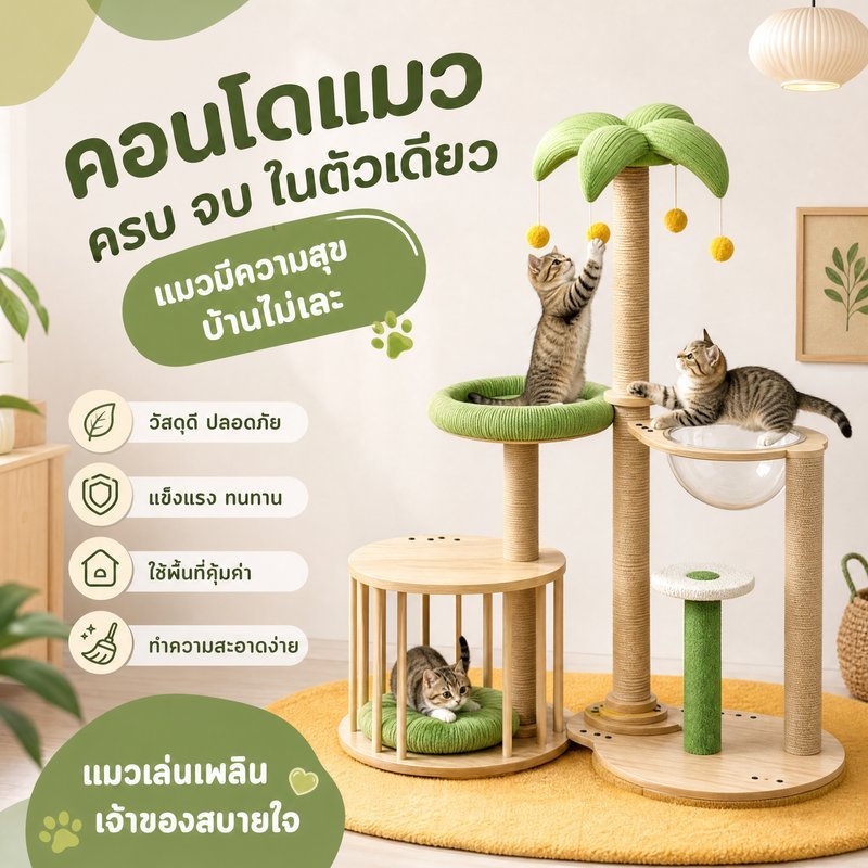 คอนโดแมว โครงปีนแมว เสาลับเล็บแมว ของเล่นแมว รางบอลแมว แคปซูลแมว บ้านแมว 3 ชั้น