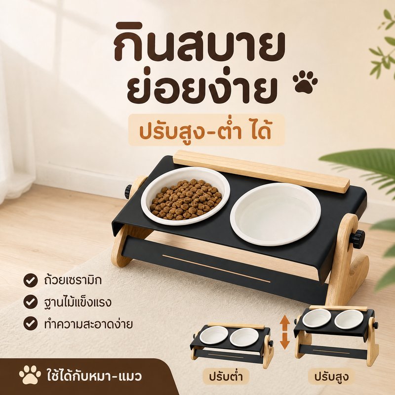ชามแมวเซรามิก ชามอาหารสัตว์ ชามคู่ ปรับระดับได้ ขาตั้งเหล็กไม้ กันลื่น แมว หมา ถอดล้างง่าย