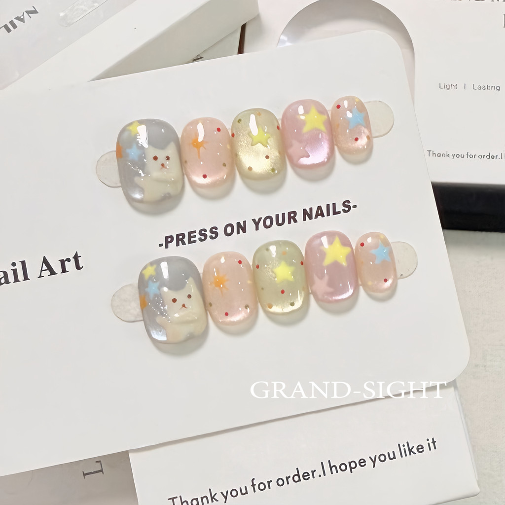 ✨พร้อมส่งไทย✨ เล็บปลอม แยกไซส์ สั้นกุด น้องแมว ดาว สีลูกแก้วแคทอาย น่ารัก สไตล์เกาหลี 10 ชิ้น/ไซส์ M S XS ฟรีกาวสิลิโคน