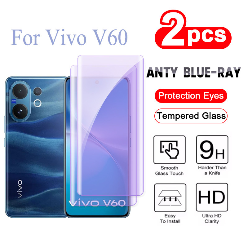 2 ชิ้น ฟิล์ม Vivo V60 กระจกนิรภัยป้องกันแสงสีฟ้ากระจกโค้งฟิล์มสำหรับ Vivo V60 V50 V50e V40 Pro V40e V30 Pro V30e ฟิล์มกันรอยหน้าจอป้องกันกระจกสีฟ้า