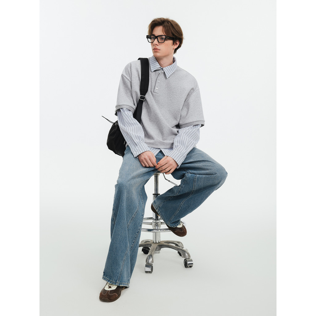 SUIKONE ซุยโคเนะ เสื้อกันหนาวแขนยาวสไตล์วิทยาลัยอเมริกัน แบบคอปกโปโล — صورة 3