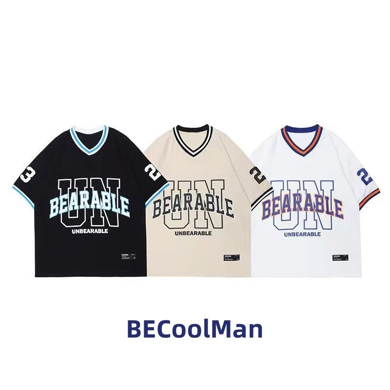 ⚡️BECoolMan⚡️ เสื้อยืดผู้ชาย คอวี ยอดนิยม ถนนสูง สไตล์อเมริกันฮิปฮอป กีฬาลำลอง