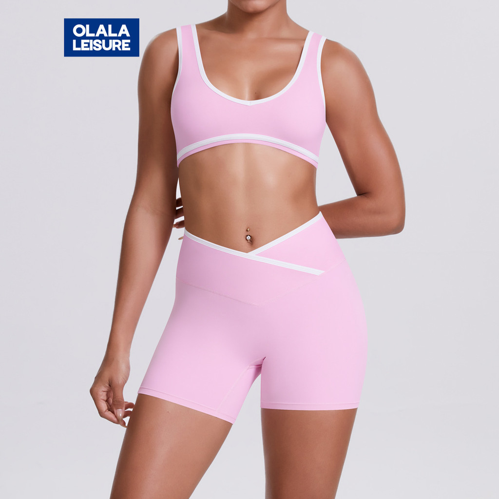 Olala Leisure Yoga Sports Set Contrast Color Sports Bra And Cross Waist Sports Shorts
