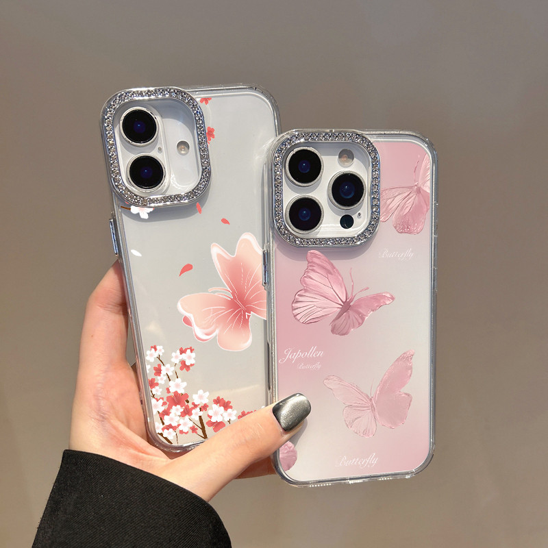หรูหราเพชรGlitterรูปแบบเคสโทรศัพท์สําหรับVivo V50 V40 V29 Lite V40 V30 SE V40E V30E V40 V30 V29 V27 V25 Pro V23 V20 V21E V29E V27E V25E V25Eผีเสื้อนุ่มสีชมพู