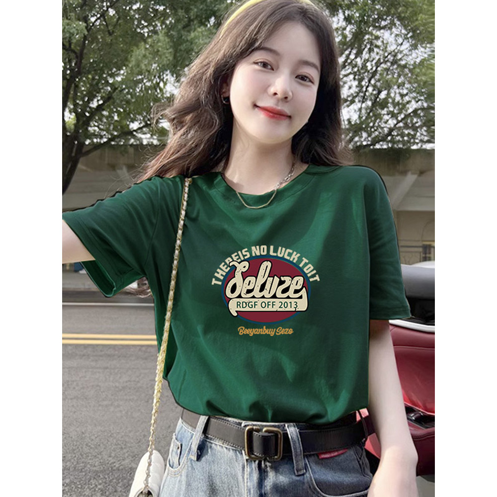 HIJAU (จัดส่ง 24 ชั่วโมง) May STUDIO เสื้อยืดแขนสั้นสีเขียวสําหรับผู้หญิงสีขาวและหลวม 8.26