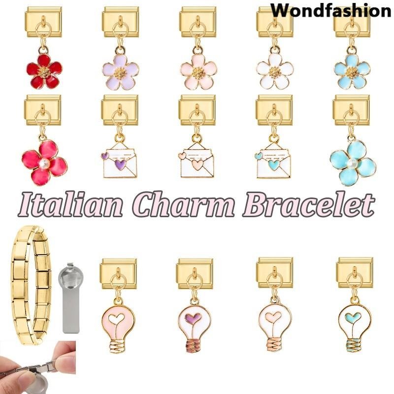 สร้อยข้อมือสแตนเลสอิตาลี สไตล์ย้อนยุค ขนาด 9 มิลลิเมตร พร้อมดอกไม้ซองจดหมายและหลอดไฟจี้