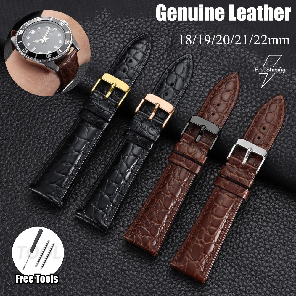 Glossy Stone Grain Cowhide สายนาฬิกา 18/19/20/21/22 มม.รูปแบบจระเข้พรีเมี่ยมหนังกันน้ํา Sweatproof Classic Business Watch Band