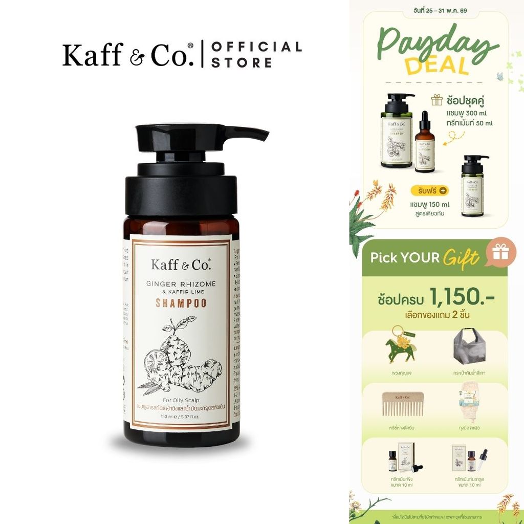 Kaff & Co. แชมพูสำหรับผมมัน ผมร่วง แชมพูสารสกัดเหง้าขิงและน้ำมันมะกรูดสกัดเย็น 150 ml