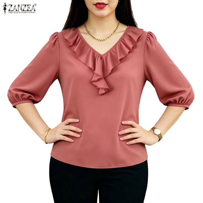 ZANZEA เสื้อผ้าผู้หญิงแฟชั่นเกาหลีลําลองคอวีสามไตรมาสแขนเสื้อนัวเนียคอปกเสื้อ
