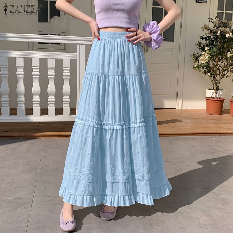 ZANZEA ผู้หญิงเกาหลีสไตล์สาวเอวยางยืดชั้นจีบ Patchwork สีทึบลูกไม้ A-line กระโปรง — صورة 3