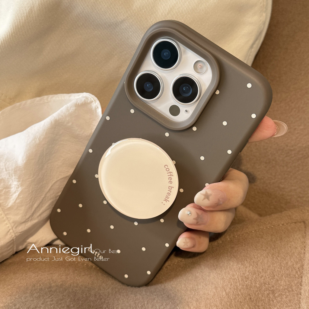 เกาหลีสีน้ําตาลเต็มหน้าจอ Polka Dot พร้อมขายึดกลมเคสโทรศัพท์แบบนุ่มสําหรับ iPhone 17 16 15 14 13 12 Pro Max 11 กันกระแทก