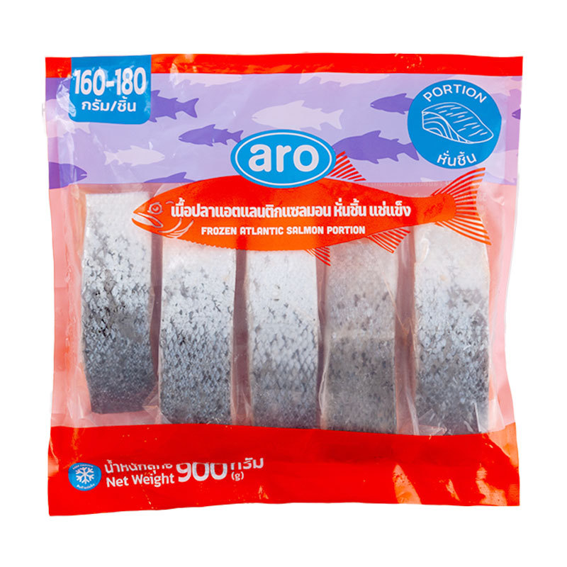 เอโร่ แซลมอนหั่นชิ้นแช่แข็ง (160-180 ก./ชิ้น) 900 ก. (ARO Frozen Atlantic Salmon Portion (160-180 g/pc) 900 g)