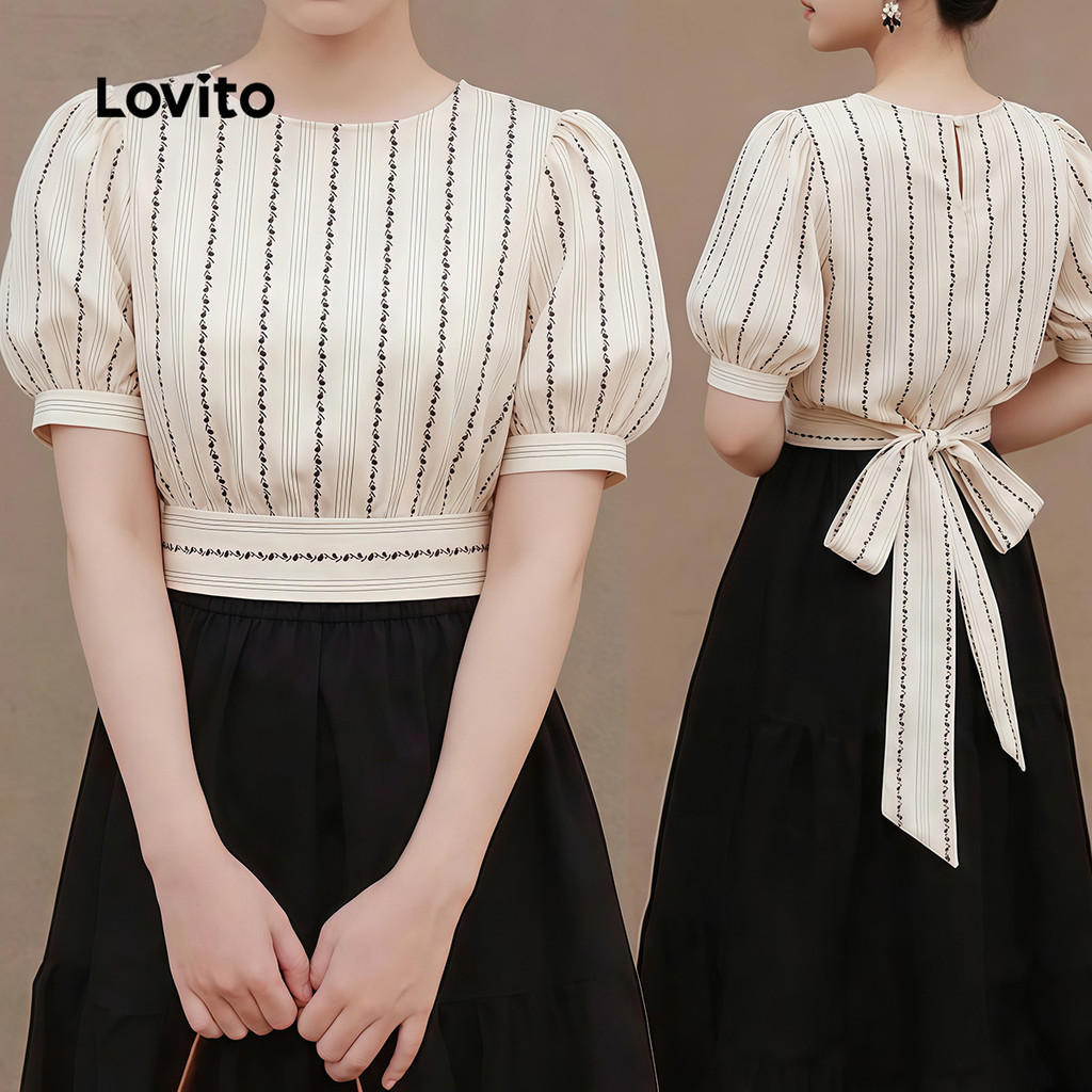 Lovito เสื้อเบลาส์ลําลองผูกโบว์ด้านหลัง สําหรับฤดูใบไม้ผลิ/ฤดูร้อน สําหรับผู้หญิง L189ED039