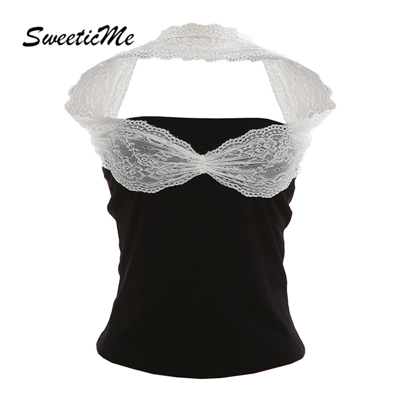 SweeticMe เสื้อสตรี 2026 ใหม่แฟชั่นสีตัดกันลูกไม้ Splicing Halter Camisole