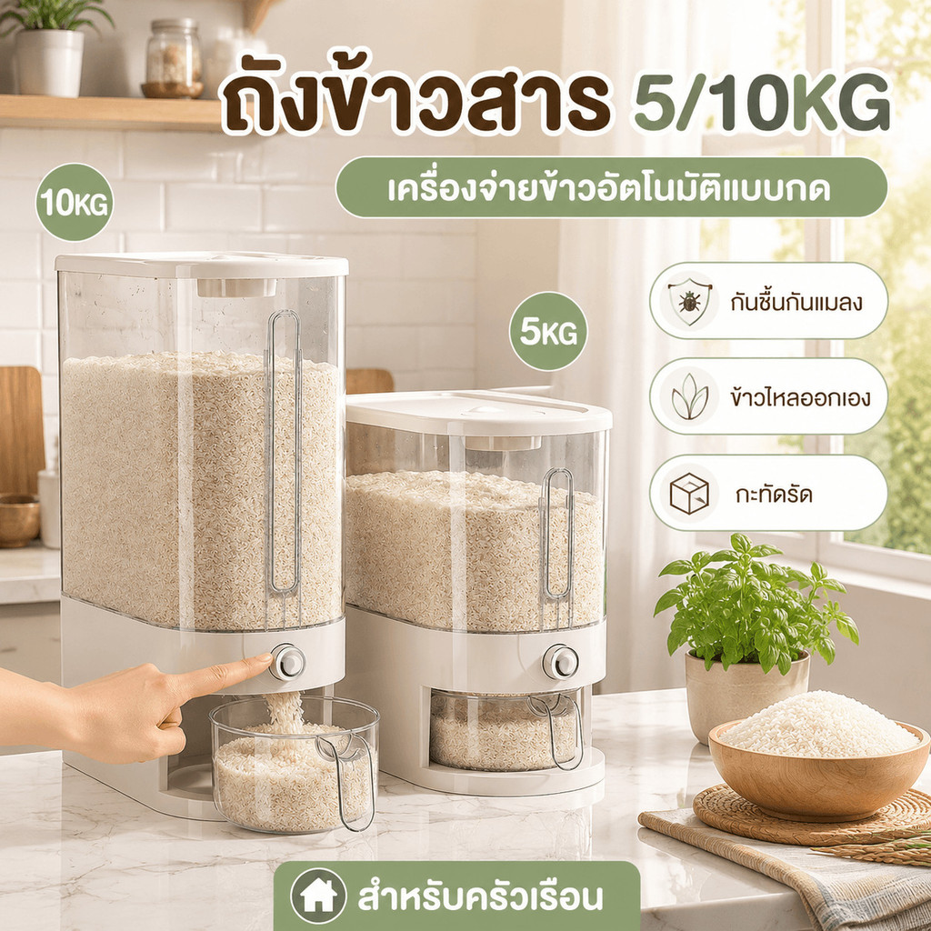 ถังข้าวสาร 5/10KG กันชื้นกันแมลง เครื่องจ่ายข้าวอัตโนมัติแบบกด ข้าวไหลออกเอง ถังเก็บข้าวกะทัดรัด สำหรับครัวเรือน
